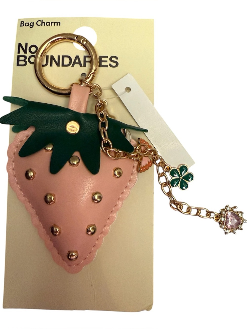 No Boundaries Pink Strawberry Bag Charm Keychain with Green Leaf